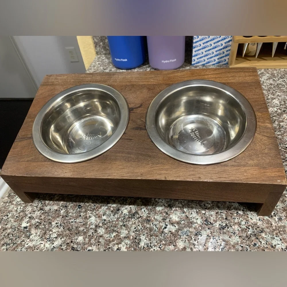 Wooden Pet Feeder with Stainless Steel Bowls Elevated
